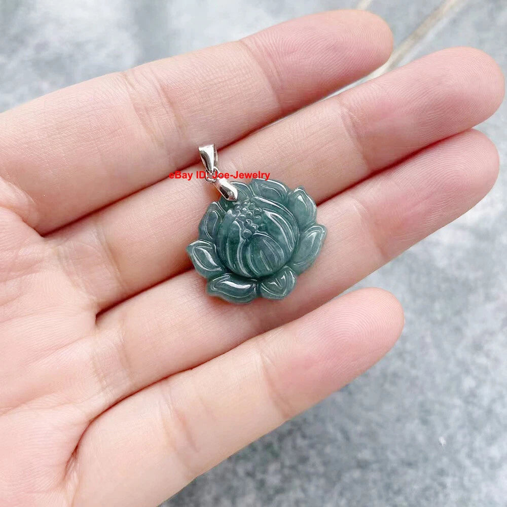 Solid 925 Sterling Silver With Natural Green Jade Lotus Flower Pendant 20.9mm H 07FC0E-D4 - KOEEK