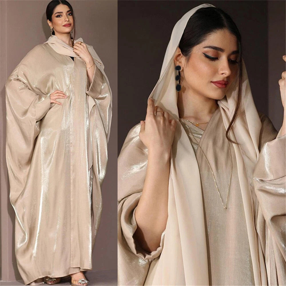 Dubai Women Muslim Batwing Sleeve Satin Open Abaya Cardigan Dress Dress Turkey 07FC0E-D4 - KOEEK