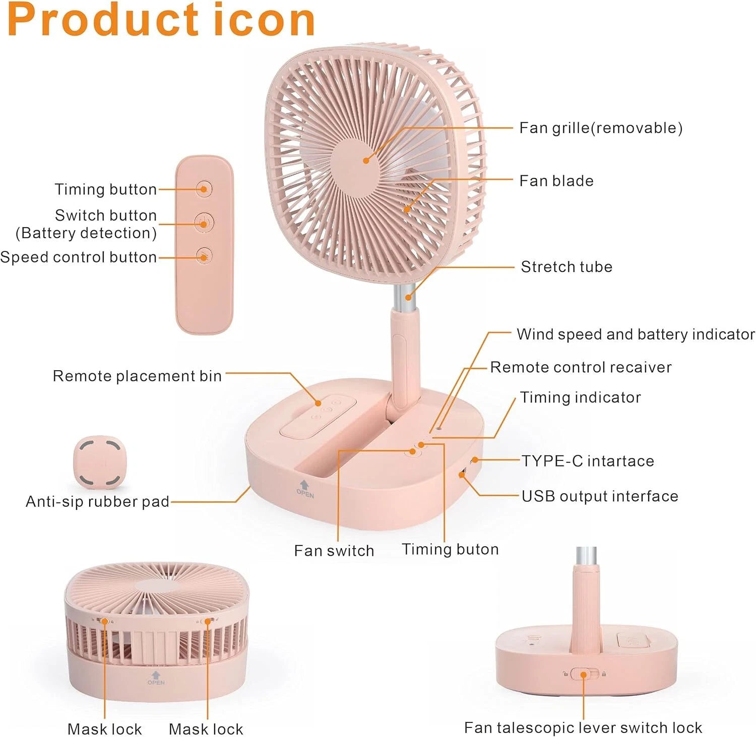 Foldable Desk Fan,Rechargeable Battery,Remote Control Retractable 4 Speed Silent 07FC0E-D4 - KOEEK