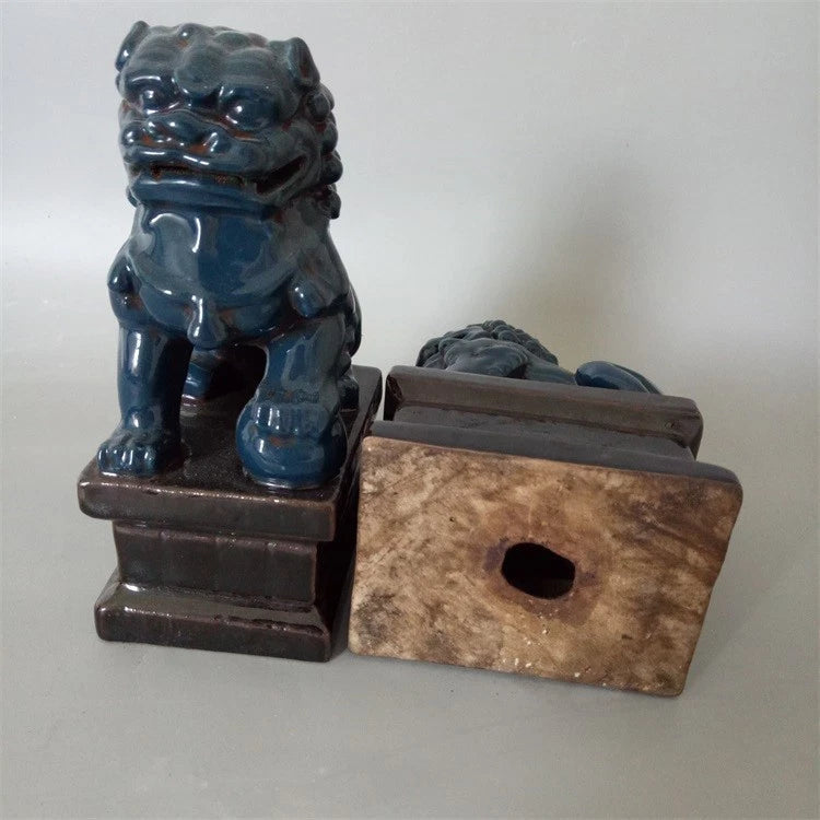 Chinese Old Pair Blue Glazed Porcelain Foo Dogs Statues Action Figure Collection 07FC0E-D4 - KOEEK