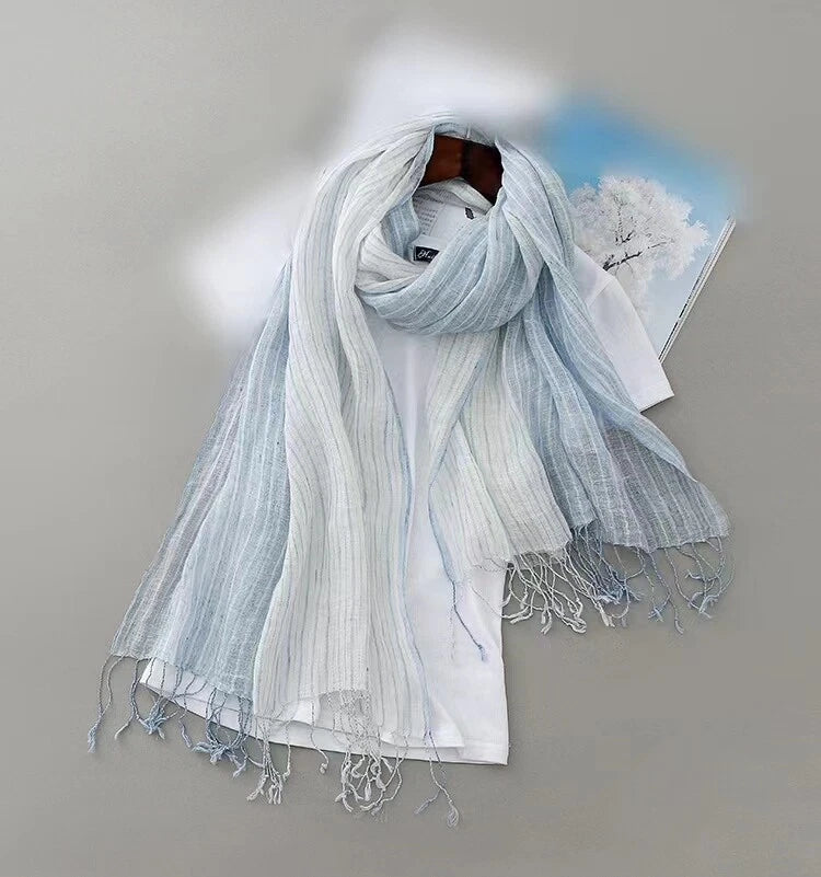 Mens  Flax Linen Scarf Breathable Tasseled Striped Shawl Unisex Neckerchief 07FC0E-D4 - KOEEK
