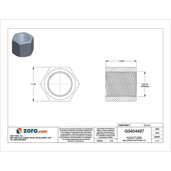 new Zoro Select U11095.075.0001 Hex Nut, 3/4"-16, Steel, Grade 8, Black Oxide,