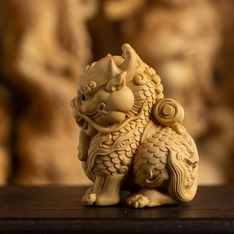 7cm Small Leaved Boxwood HandCarved Auspicious Beast Kylin tea pet Ornament 07FC0E-D4 - KOEEK