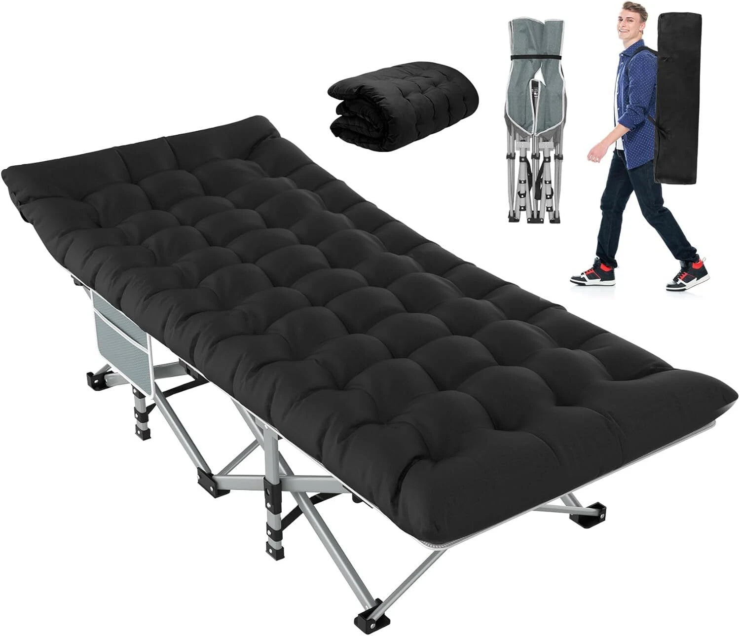 Black folding camp bed with mattress, 800 lb. maximum load capacity 07FC0E-D4 - KOEEK