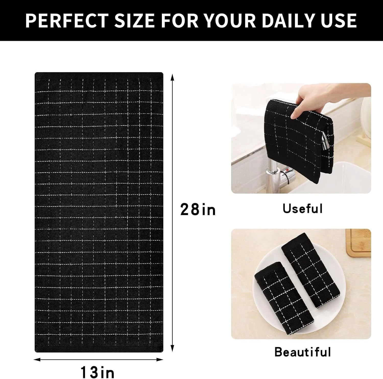 Cotton Terry Kitchen Towels(Black, 13 x 28 inches), Checkered Designed,Soft 07FC0E-D4 - KOEEK