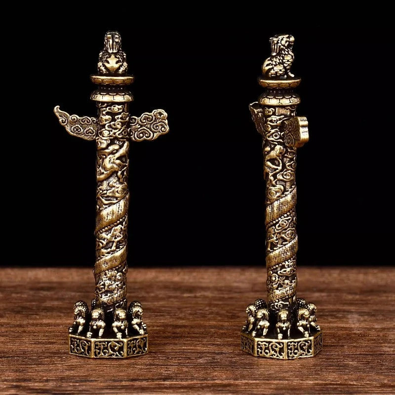 7.1cm Chinese Brass Zhonghua Column Ornament Carve Dragon Household Handicraft 07FC0E-D4 - KOEEK