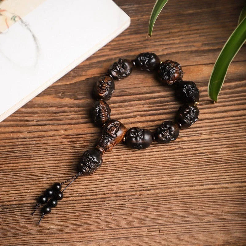 Natural Agarwood Prayer Beads Eighteen Arhats Carving Men Woman Buddha Bracelet 07FC0E-D4 - KOEEK
