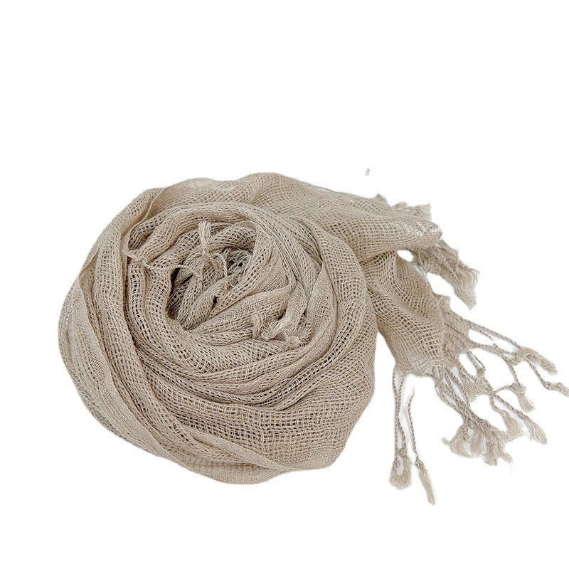 Mens  Flax Linen Natural Beige Scarf Breathable Tasseled Neckerchief Shawl 07FC0E-D4 - KOEEK