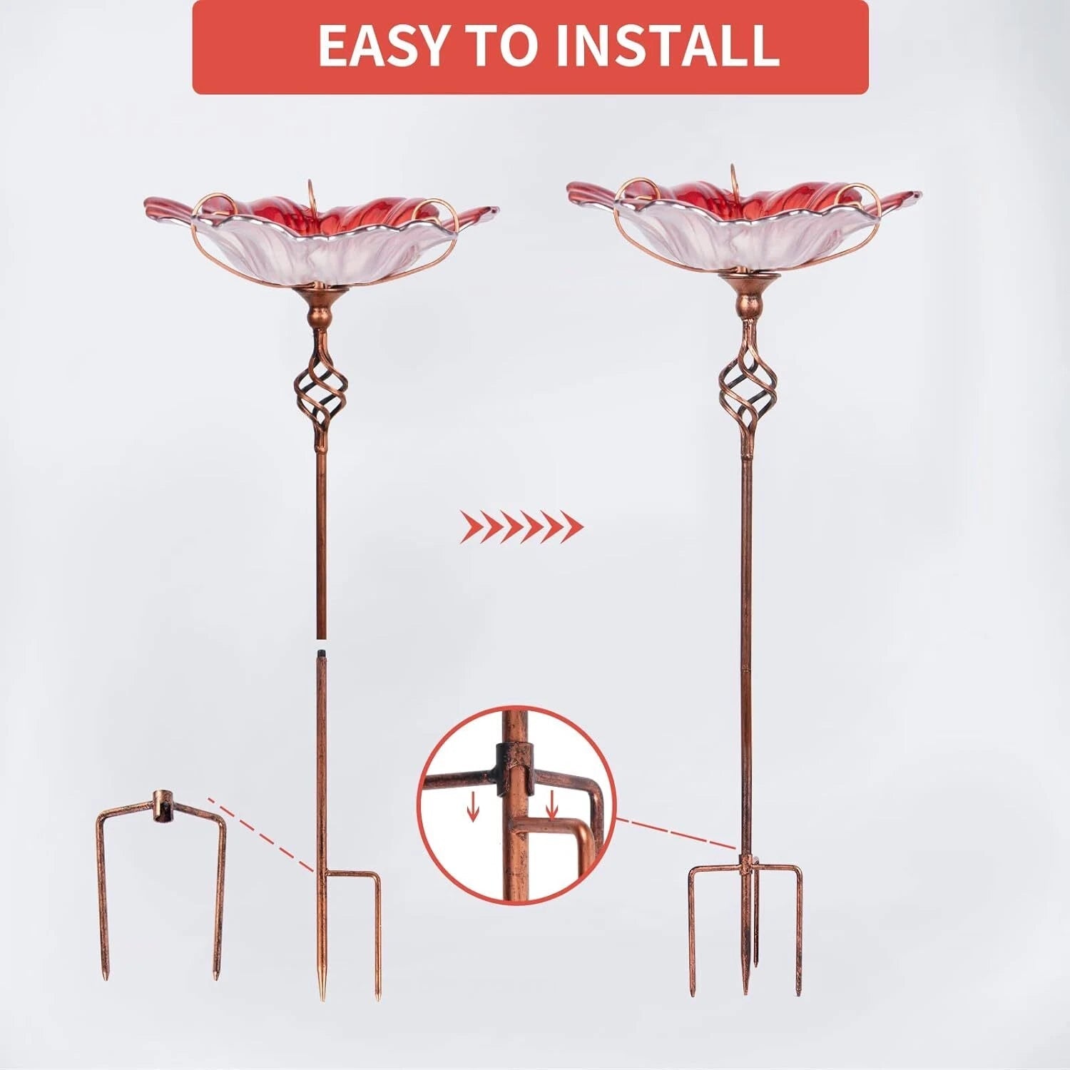 31 Inch Tall Glass Bird Pond Feeder with Metal Stake Garden Patio Outdoor Red 07FC0E-D4 - KOEEK