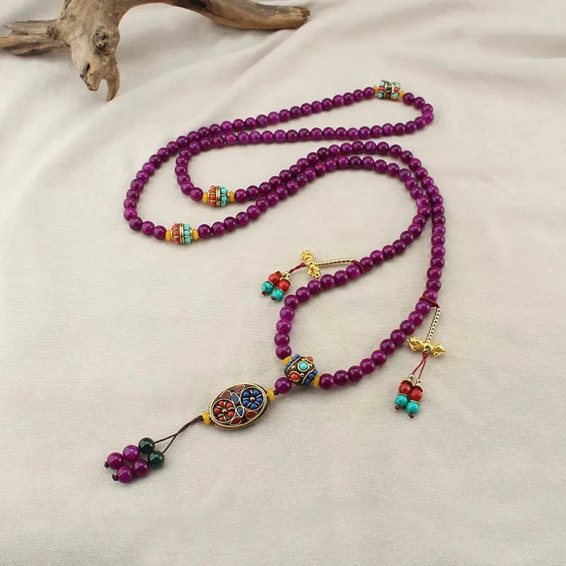Exquisite Retro Nepal Luck Stone Long Necklace Tassel Crossbody Chain Bracelet 07FC0E-D4 - KOEEK
