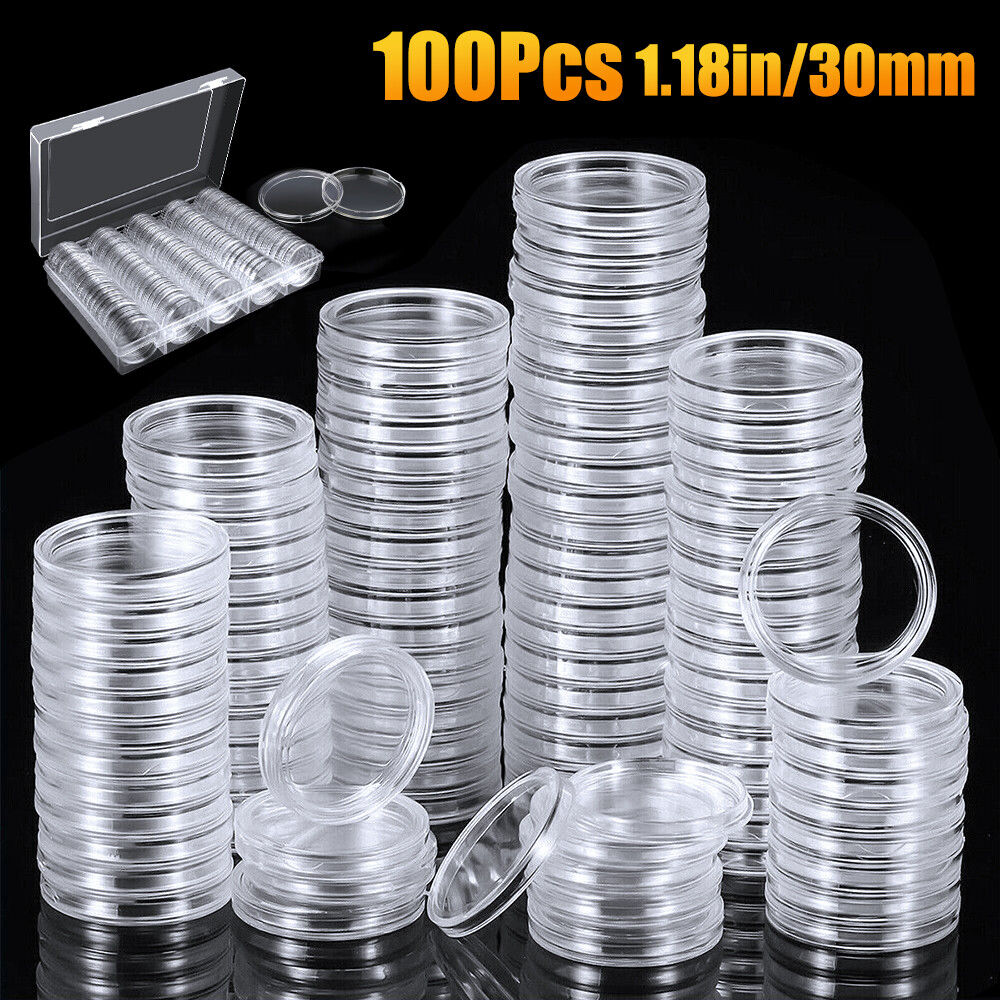 100pcs 30mm Coin Capsules Holder Clear Round Storage Box Container 5 Sizes Pads