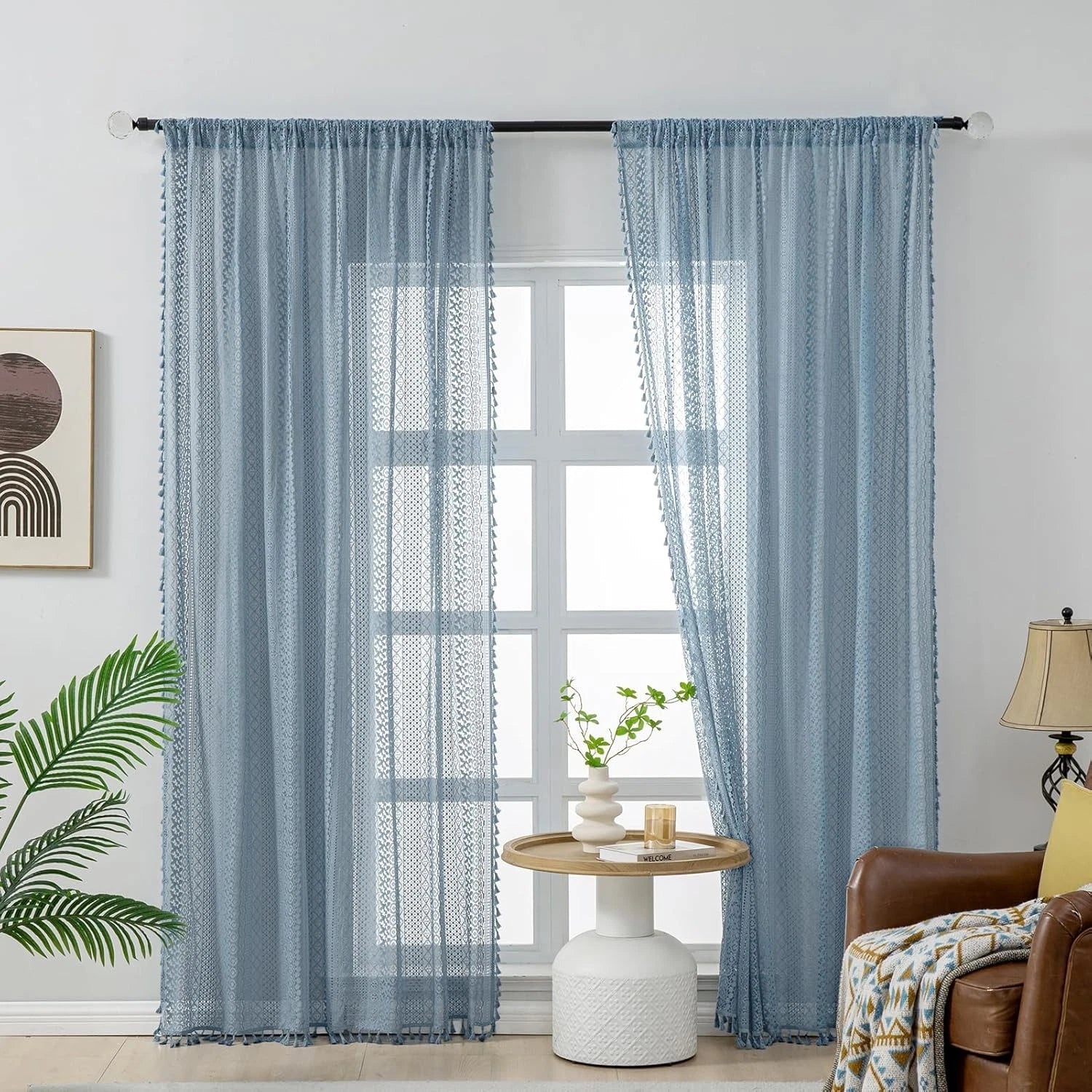2 cotton sheer slate blue curtains, 63 inches long 07FC0E-D4 - KOEEK