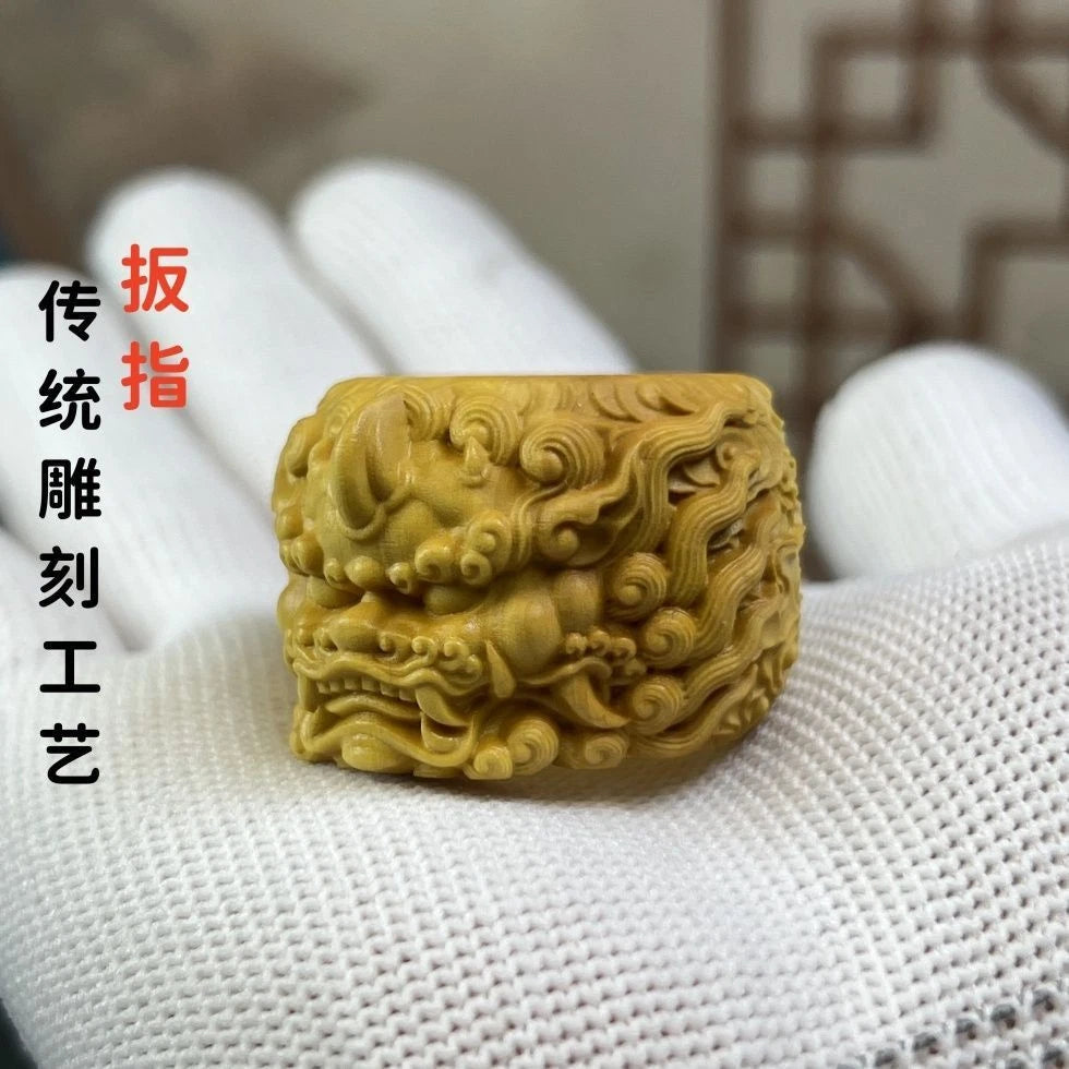Boxwood Carved Pi Xiu Ring Wealth Hand Piece Fidget Decor Gift for Men 07FC0E-D4 - KOEEK