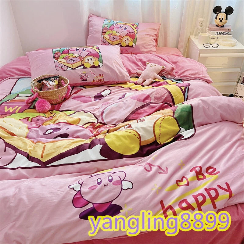 Anime Kirby Velvet Bed Sheet Pillowcase Quilt Cover Double Queen Bedding Set 4pc 07FC0E-D4 - KOEEK