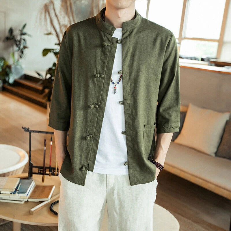 Men Vintage Kung Fu Shirts Tops 3/4 Sleeve Cotton Linen Chinese Style Tang Suit 07FC0E-D4 - KOEEK