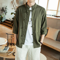 Men Vintage Kung Fu Shirts Tops 3/4 Sleeve Cotton Linen Chinese Style Tang Suit 07FC0E-D4 - KOEEK