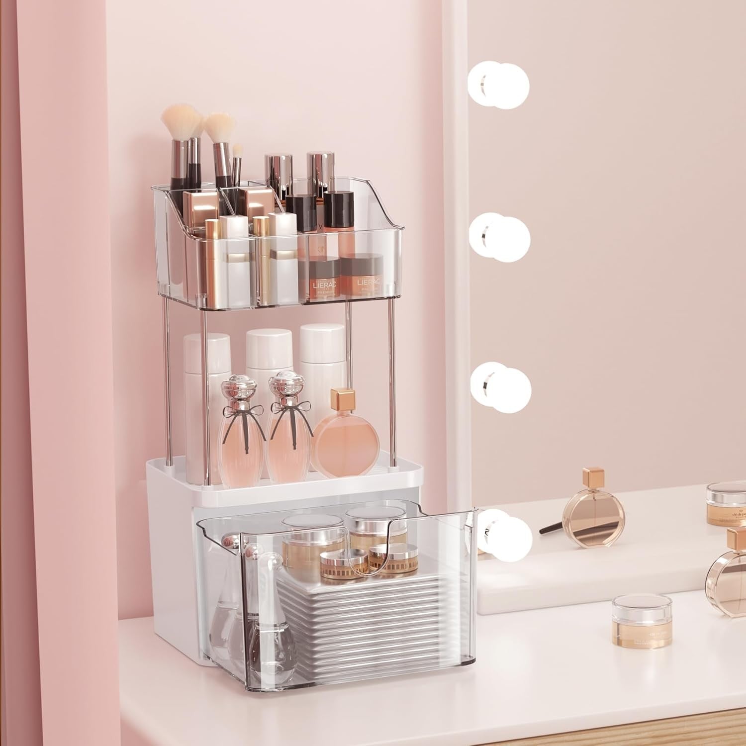 new Bathroom Countertop Organizer with Drawer - 3 Tier Makeup for clear 07FC0E-D4 - KOEEK