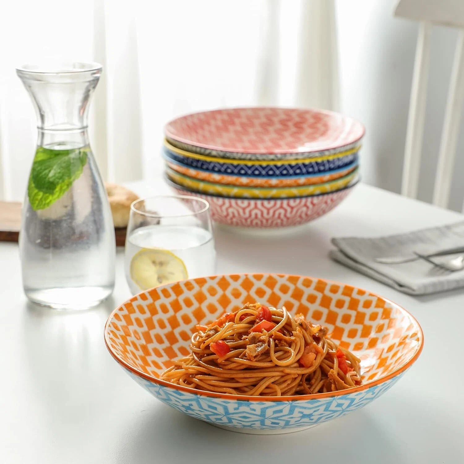 40 oz Porcelain Large Bowl 9” Large Pasta Salad Bowl, Color, Set of 6 07FC0E-D4 - KOEEK