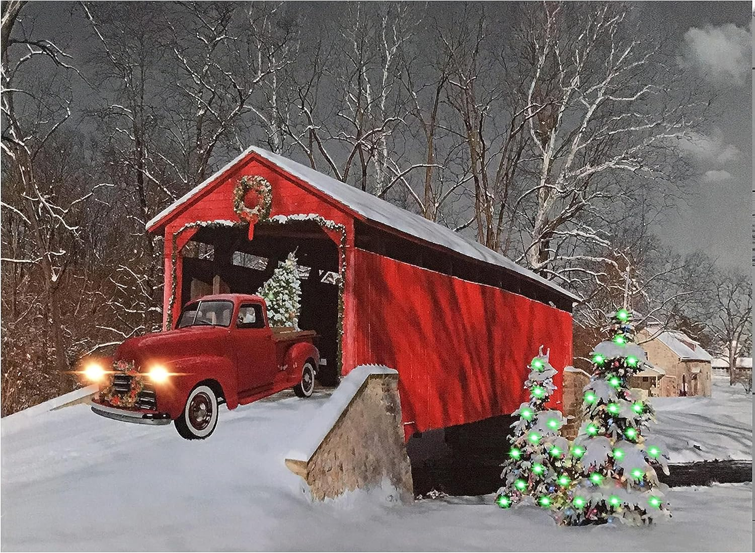LED Wall Art - Lighted Red Truck Covered Bridge Canvas Print - Christmas Picture 07FC0E-D4 - KOEEK