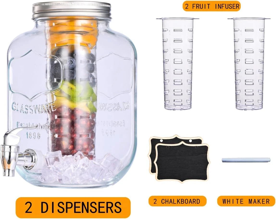 1 Gallon Glass Drink Dispensers for Parties,2 Pack Beverage Dispenser with Fruit 07FC0E-D4 - KOEEK