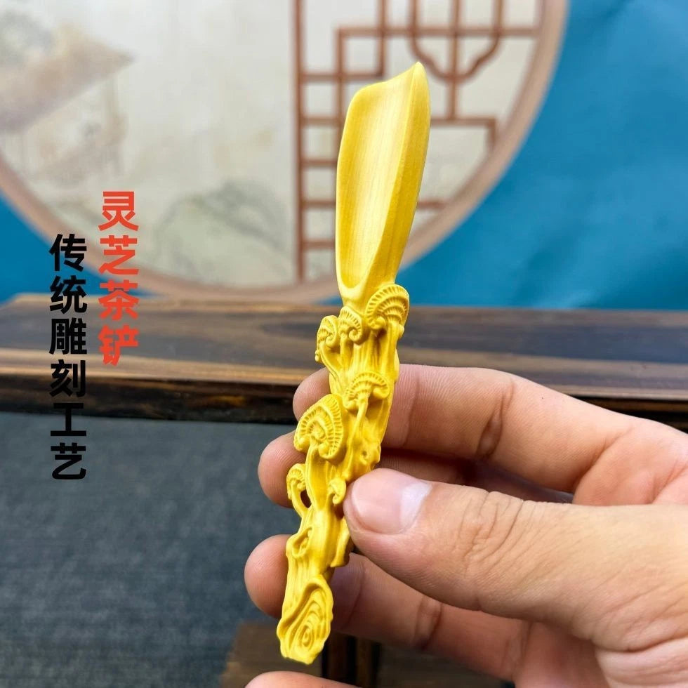 Boxwood Carved Lingzhi Tea Scoop Home Décor Chinese Style Handicraft Ornament 07FC0E-D4 - KOEEK