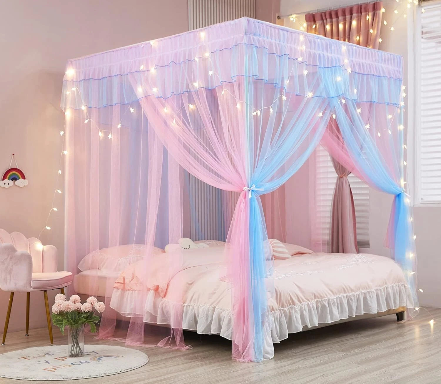Rainbow Canopy Bed Curtains with Lights - Princess Bed Canopy for Girls 07FC0E-D4 - KOEEK