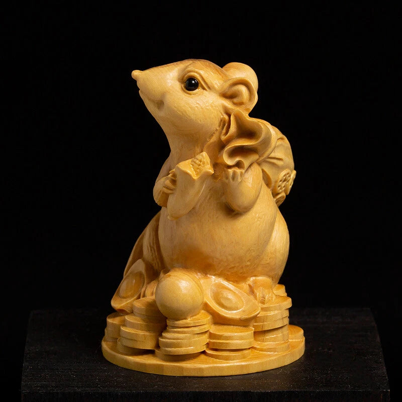 Huangyang Wood Carving, Yuanbao Mouse Handicraft, Solid Wood Mouse Ornament 07FC0E-D4 - KOEEK