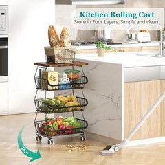 Kitchen Fruit Basket with Wooden Lid, 4 Tier Stackable Wire Storage Basket 07FC0E-D4 - KOEEK