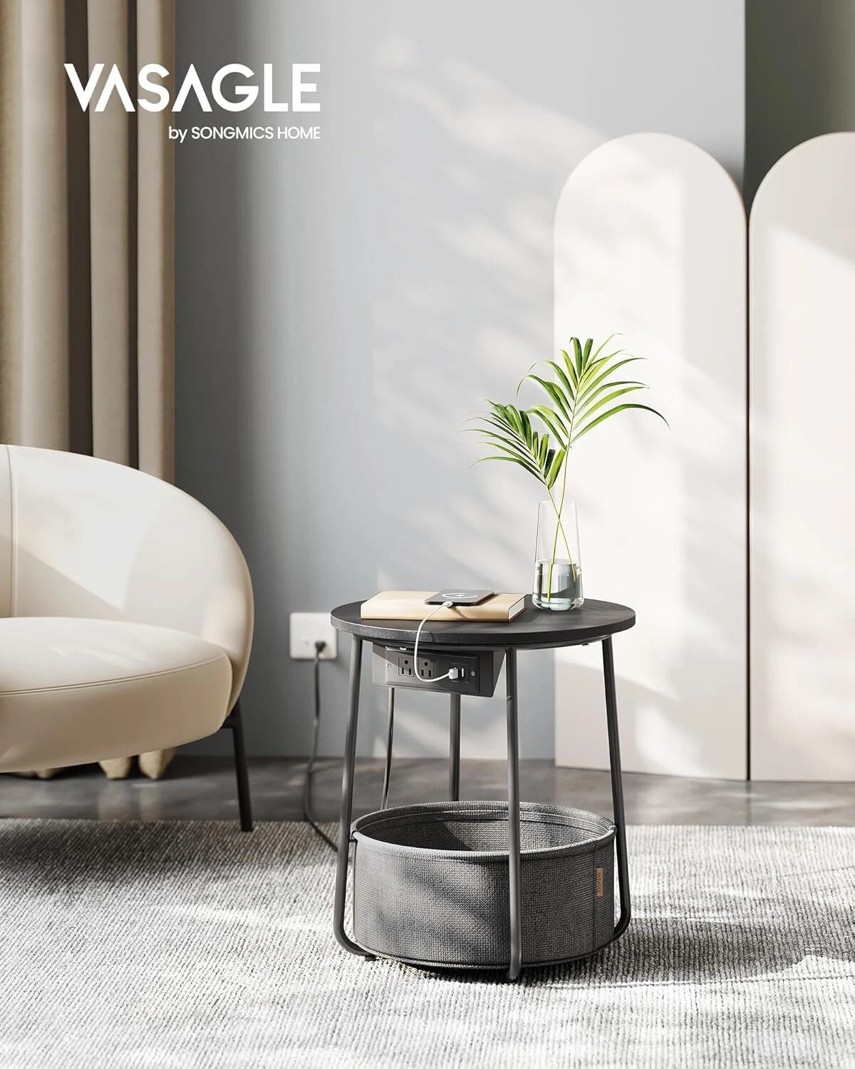 Side table with charging seat, round end table with fabric basket, slate gray 07FC0E-D4 - KOEEK