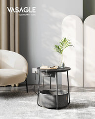 Side table with charging seat, round end table with fabric basket, slate gray 07FC0E-D4 - KOEEK