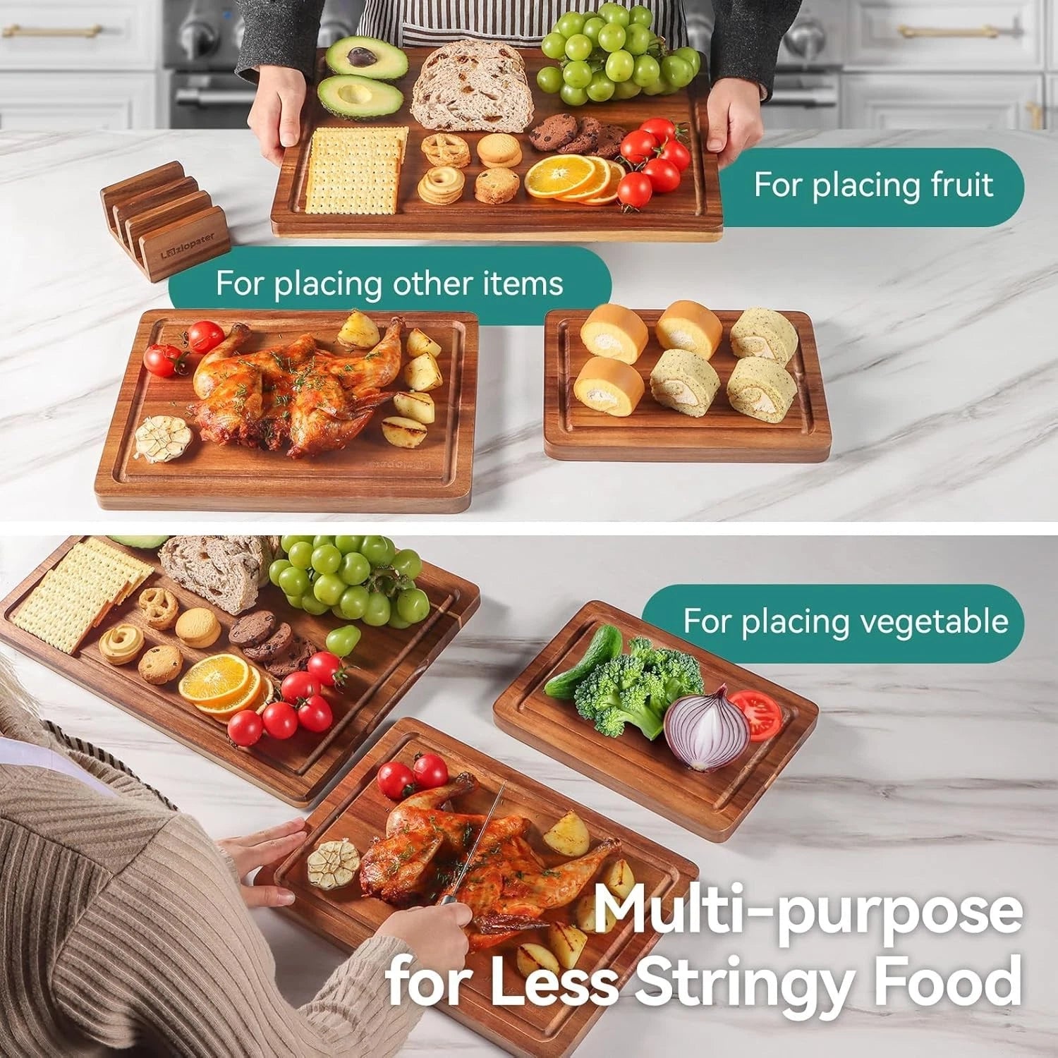 Acacia Wood Cutting Board，Solid Wood Cutting Board Set of 3 with Holder 07FC0E-D4 - KOEEK