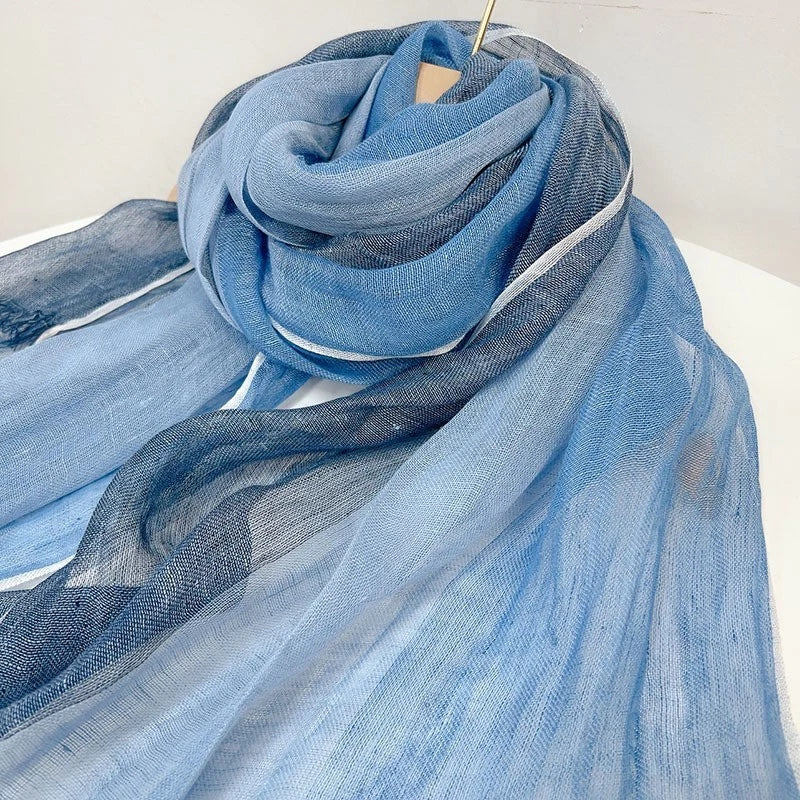 Mens Striped Breathable Blue Scarf  Flax Linen Tasseled Stole Neckerchief 07FC0E-D4 - KOEEK