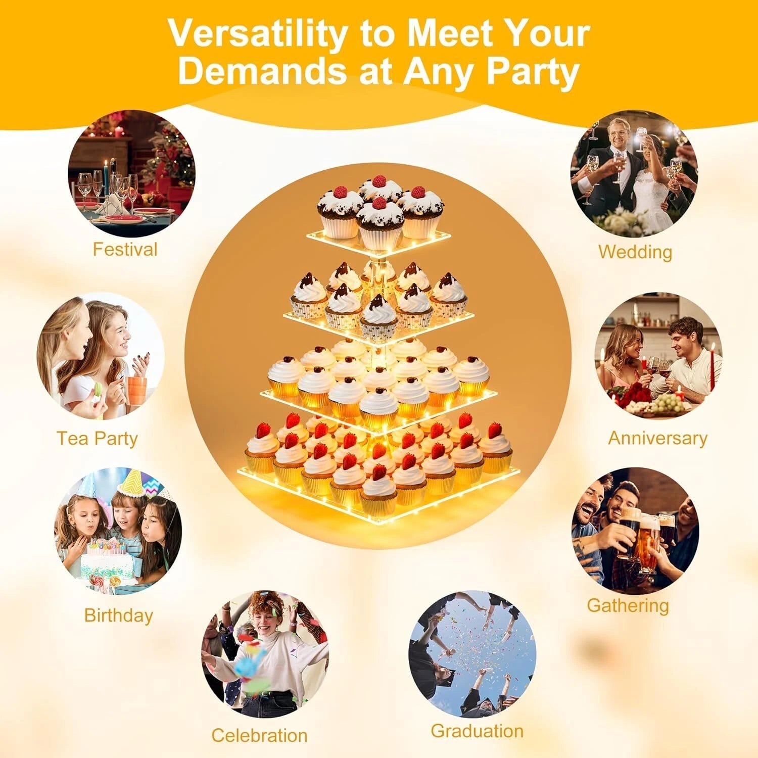 4 Tier Cupcake Stand Acrylic Tower Display with LED Light Premium Holder Dessert 07FC0E-D4 - KOEEK