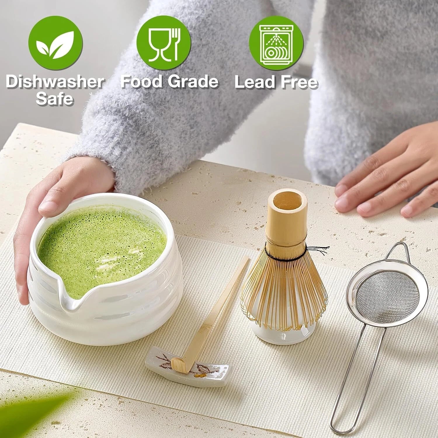 Matcha Whisk Set, Japanese Tea Set (5pcs) includes Matcha Bowl with Spout (19 oz 07FC0E-D4 - KOEEK