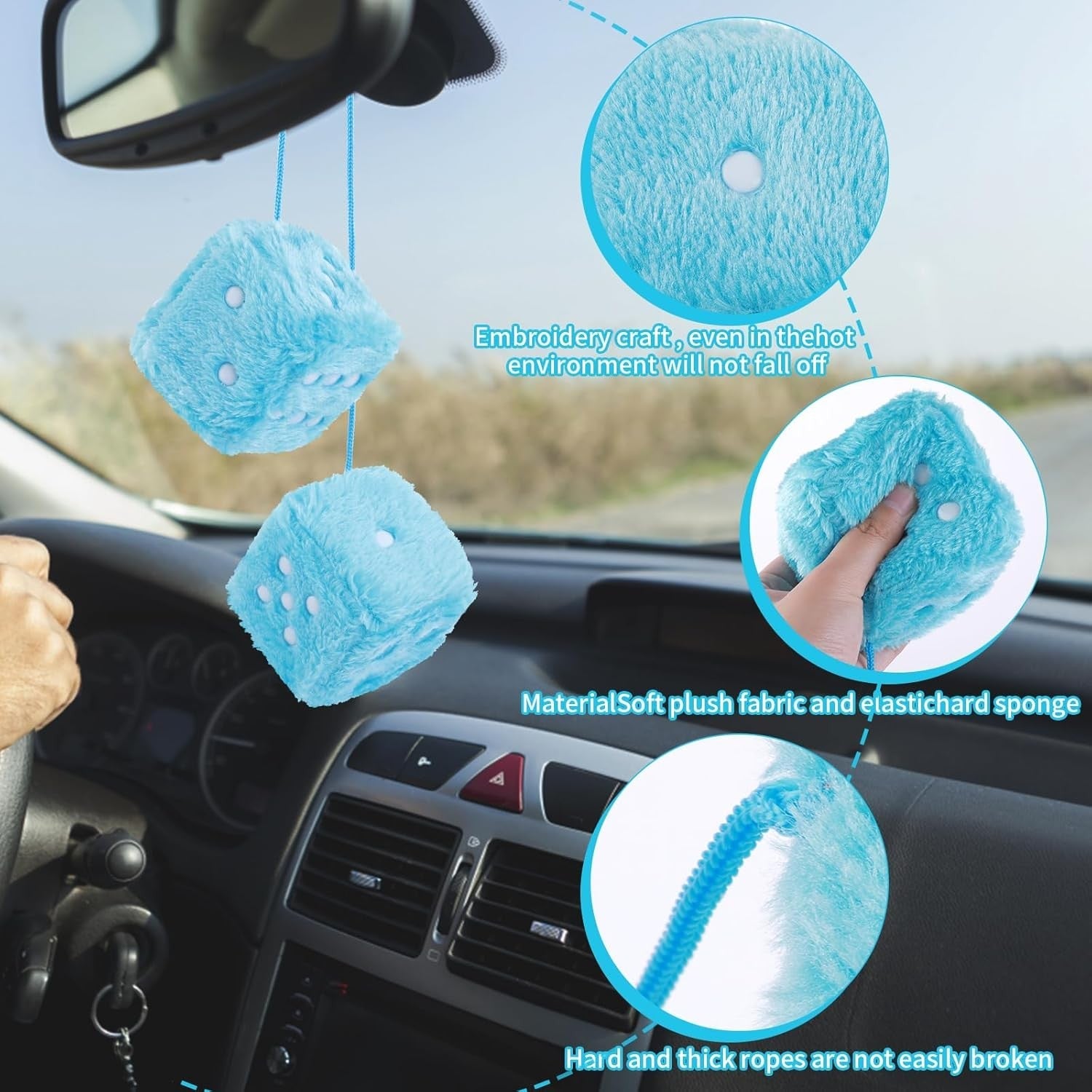 new Fuzzy Dice for Car Mirror, Pair of Retro 2.75” Rear View Blue