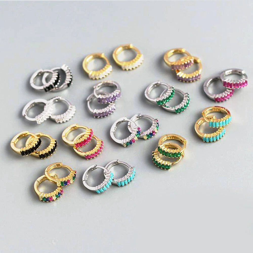 SMALL Sterling Silver Baguette CZ Zirconia Boho Huggie Hoop Earrings 07FC0E-D4 - KOEEK