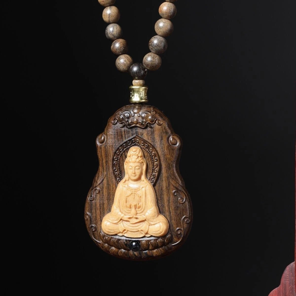 108 Beads Guanyin Buddha Bless  Pandent Necklace Natural Wood Prayer Beads 07FC0E-D4 - KOEEK