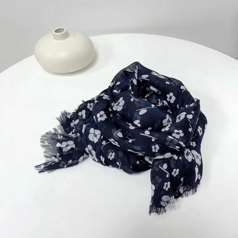 Women White Floral Blue Stole Scarf Summer Spring Soft Breathable Thin Shawl 07FC0E-D4 - KOEEK