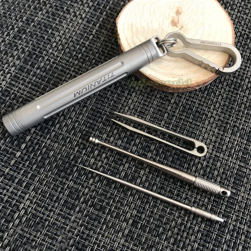 Outdoor TC4 Titanium Alloy Multi Tools Carabiner Waterproof Box Tweezers Set EDC 07FC0E-D4 - KOEEK