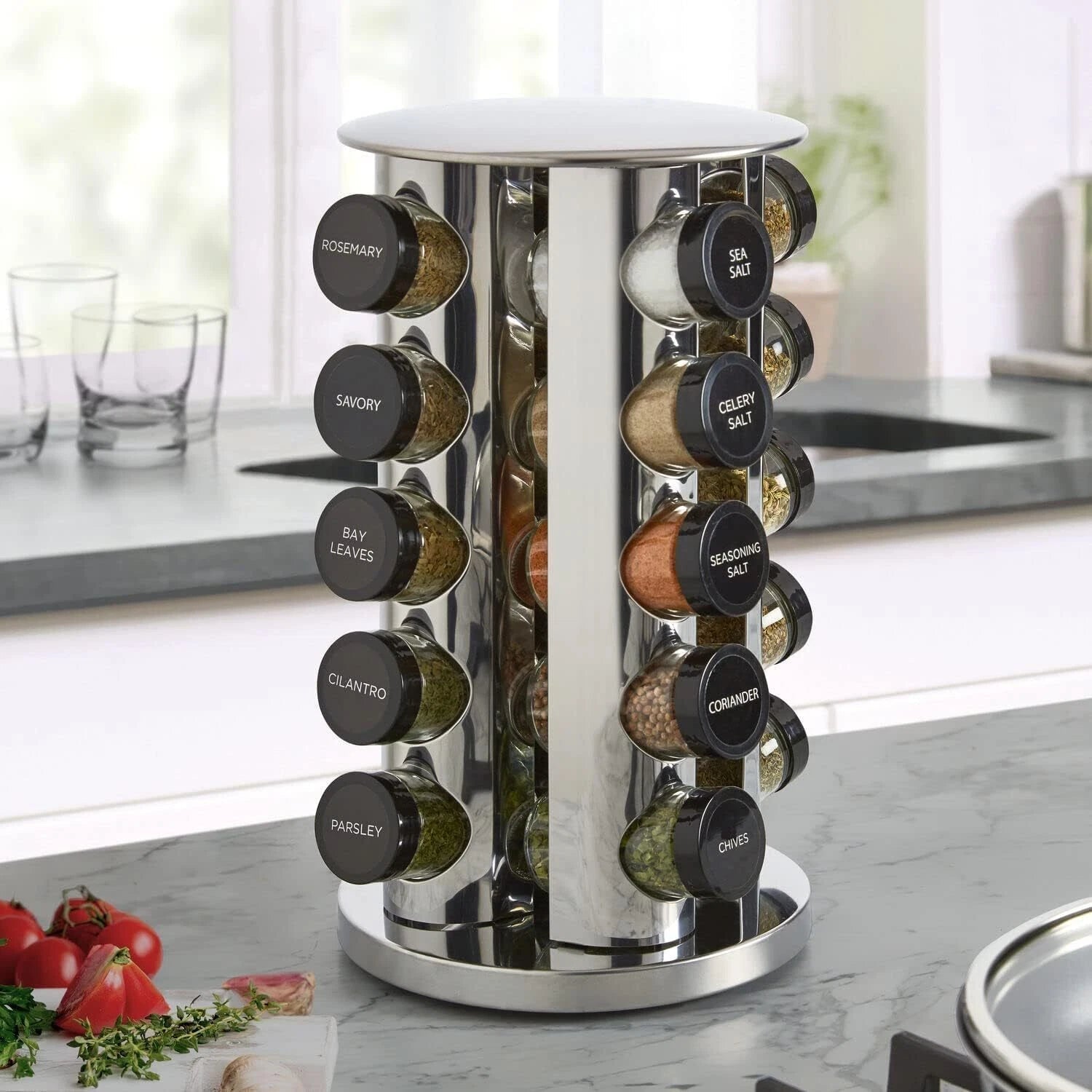 20-can rotating tabletop spice rack, polished stainless steel, black lid 07FC0E-D4 - KOEEK