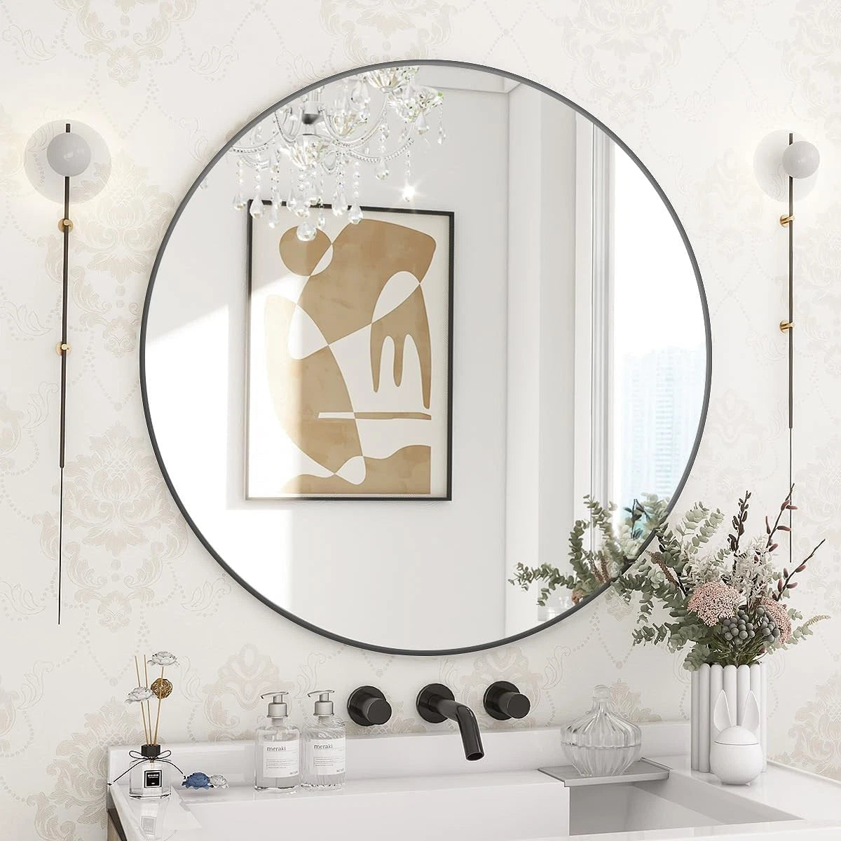 24 Inch Round Mirror, Metal Frame Circle Mirror, Wall Mounted for Entryway 07FC0E-D4 - KOEEK