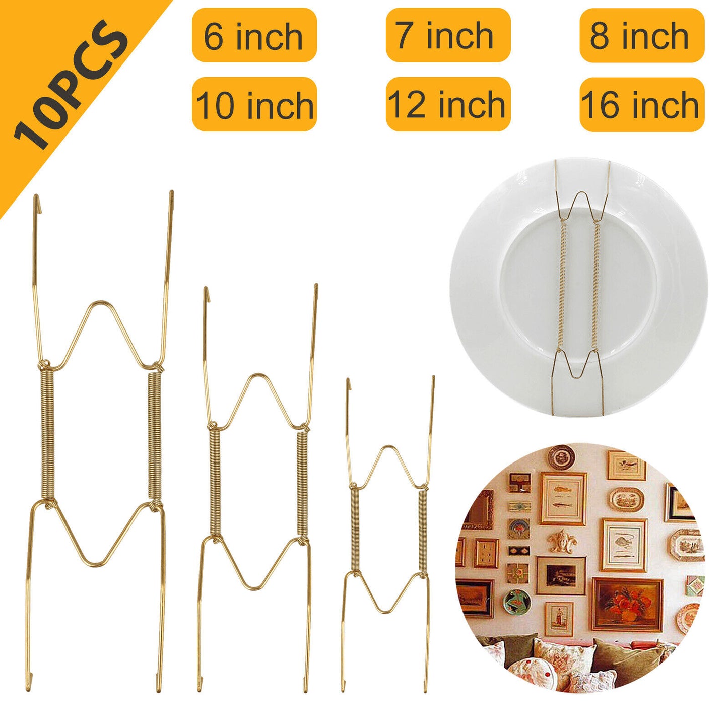 10pcs Golden Spring Plate Wire Hangers for 6"-16" Plates Display Wall Mounting koeek - KOEEK