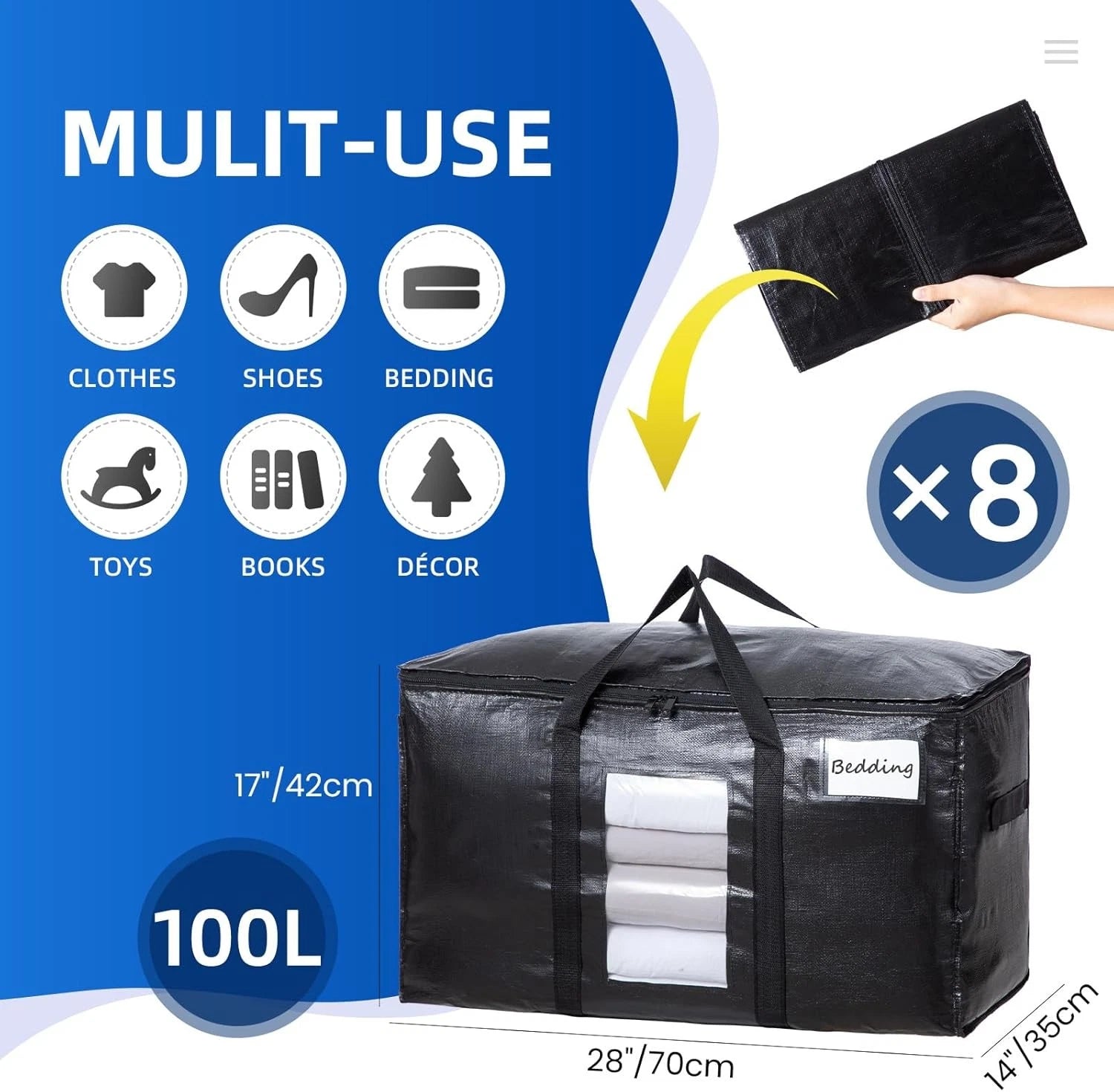 Extra-large moving bags, set of 8 black heavy-duty storage bags 07FC0E-D4 - KOEEK