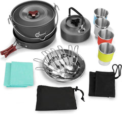 22 Piece Camping Cookware Set, Large Hanging Pot Pan Kettle, Picnic 07FC0E-D4 - KOEEK