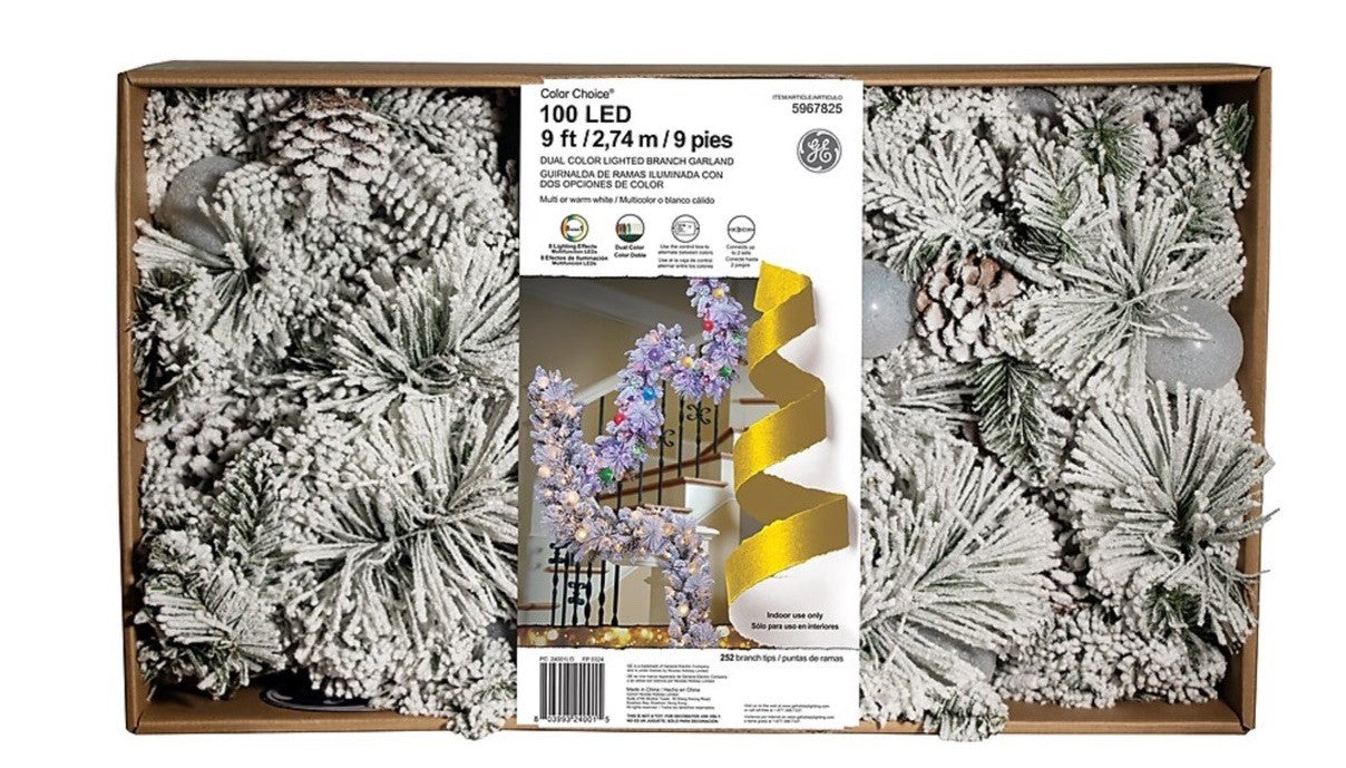 GE Color Choice 100 LED Color Changing 9Ft Flocked Pine Garland 8 Light Effects GE - KOEEK