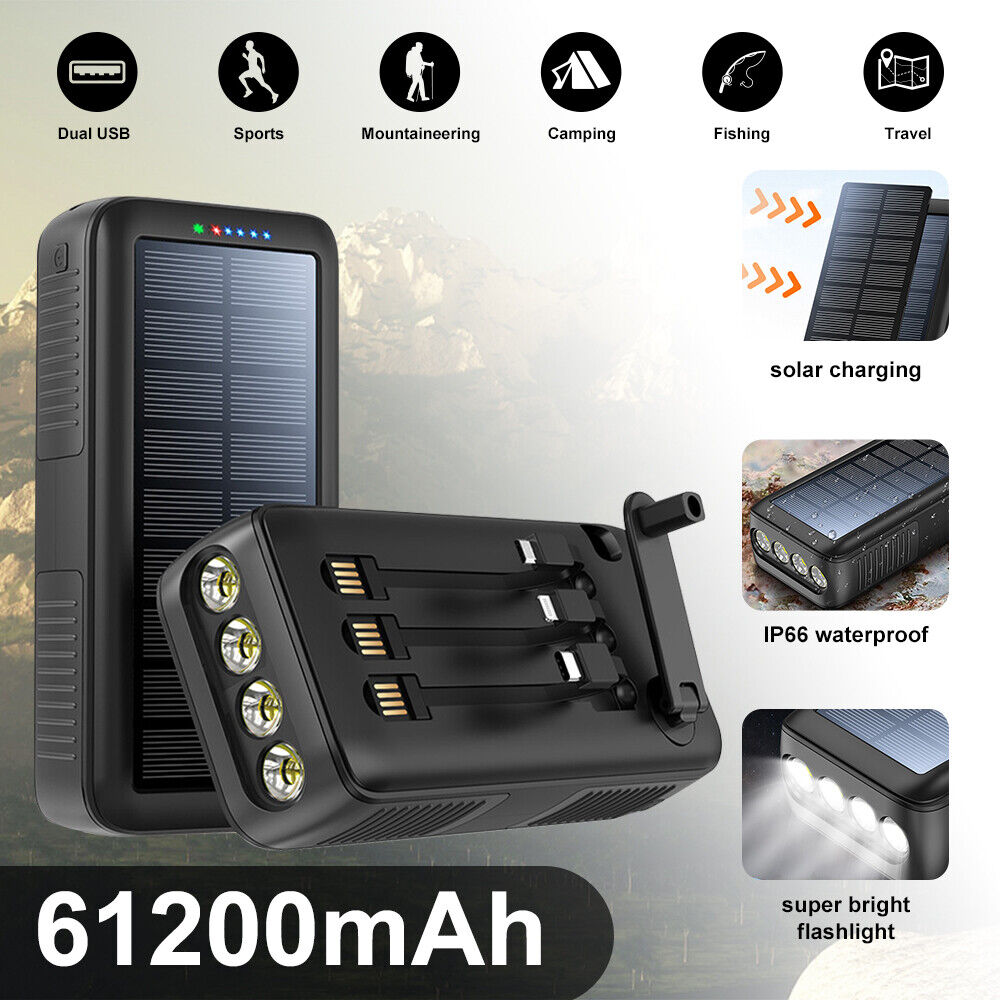 ny 61200mAh Solar PowerBank eksternt batteri Nødoverlevelsesutstyr lommelykt