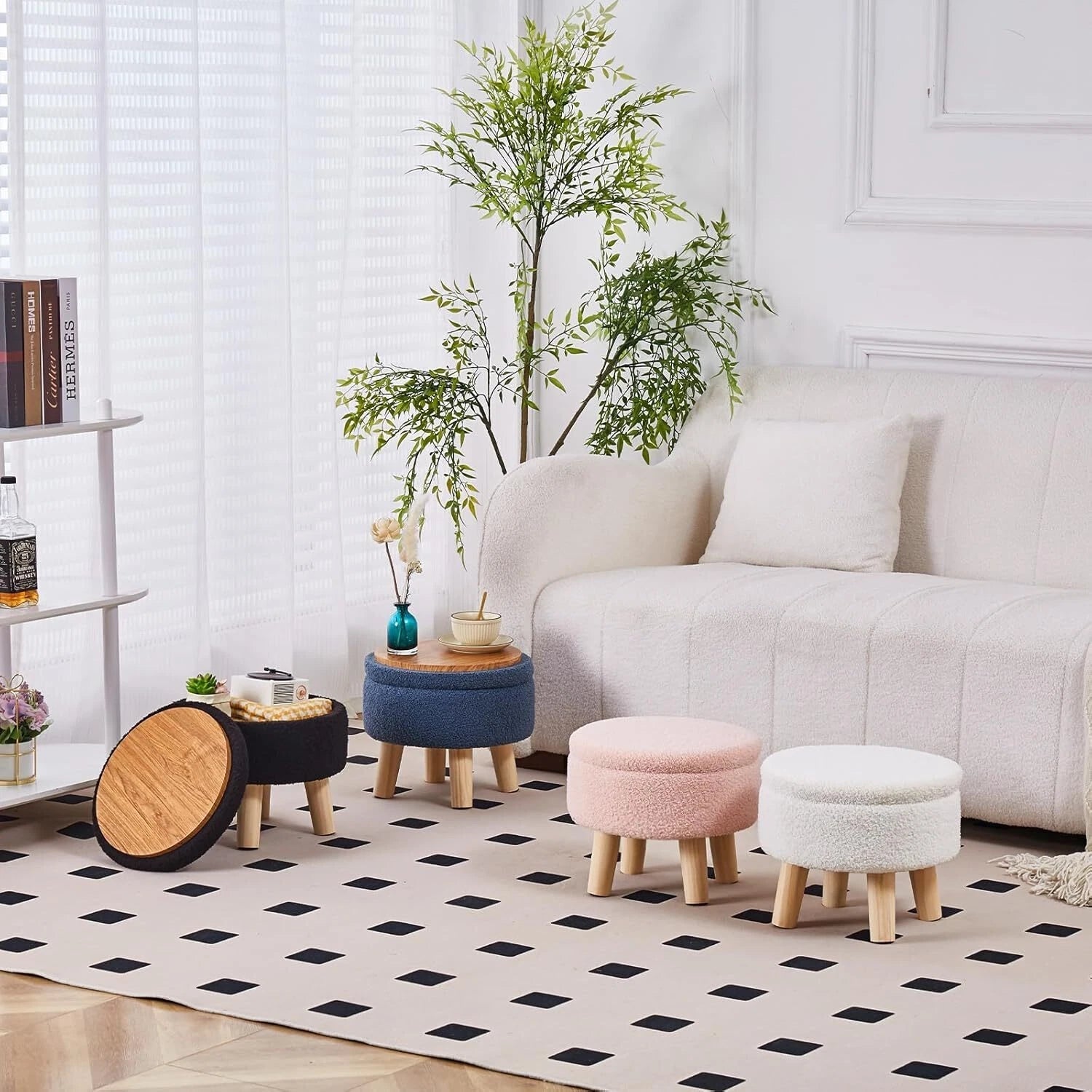 Storage Ottoman with Modern Round Footrest with Soft Upholstered Seat Cushion, 07FC0E-D4 - KOEEK