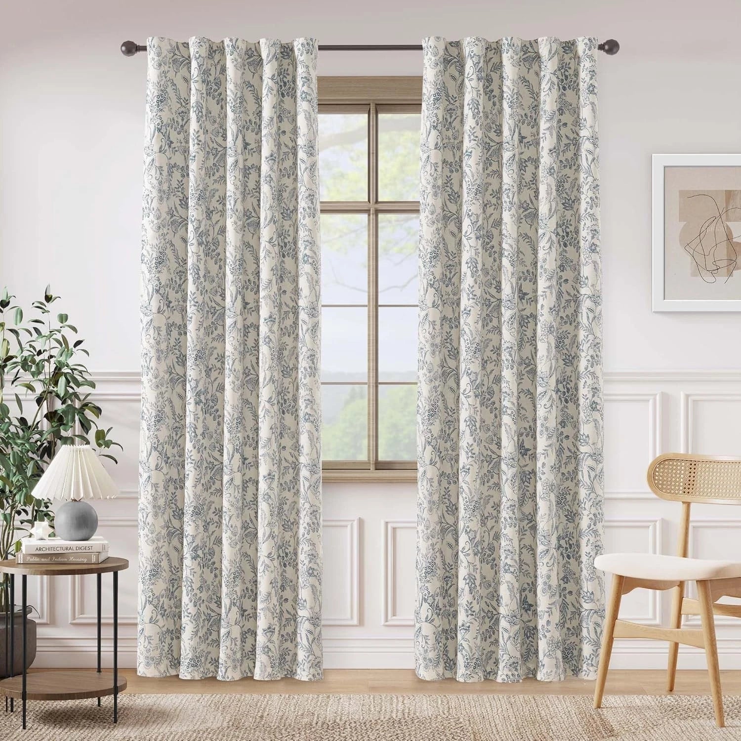 Blue floral lining curtains, rustic linen material, length 84 inches 07FC0E-D4 - KOEEK