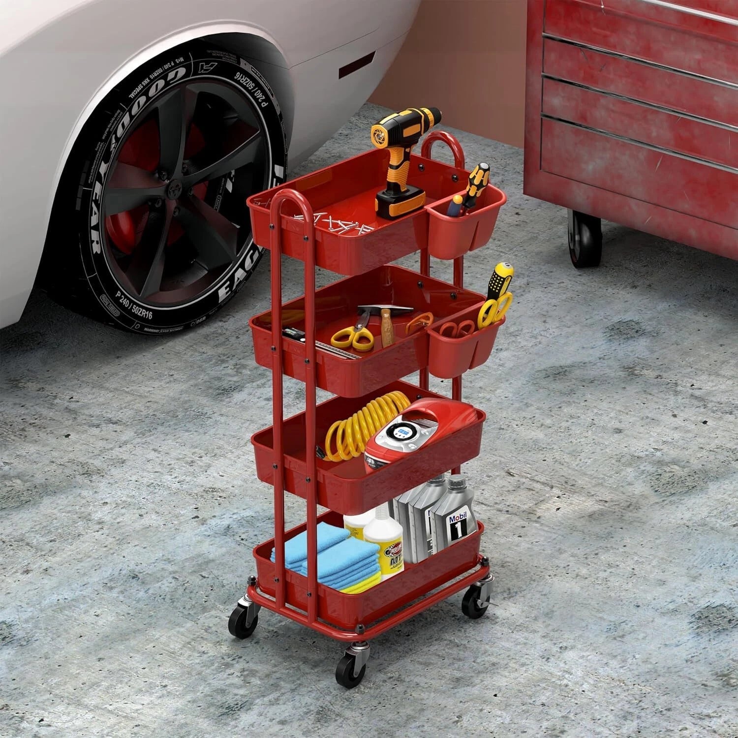 4-Tier Multi-Purpose Rolling Utility Cart with Bucket, Red 07FC0E-D4 - KOEEK