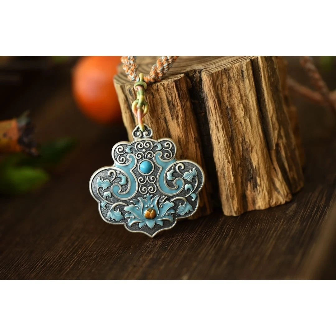 Silver Plated Enamel Locket Necklace 45mm Chinese Style Handmade Pendant Cord 07FC0E-D4 - KOEEK
